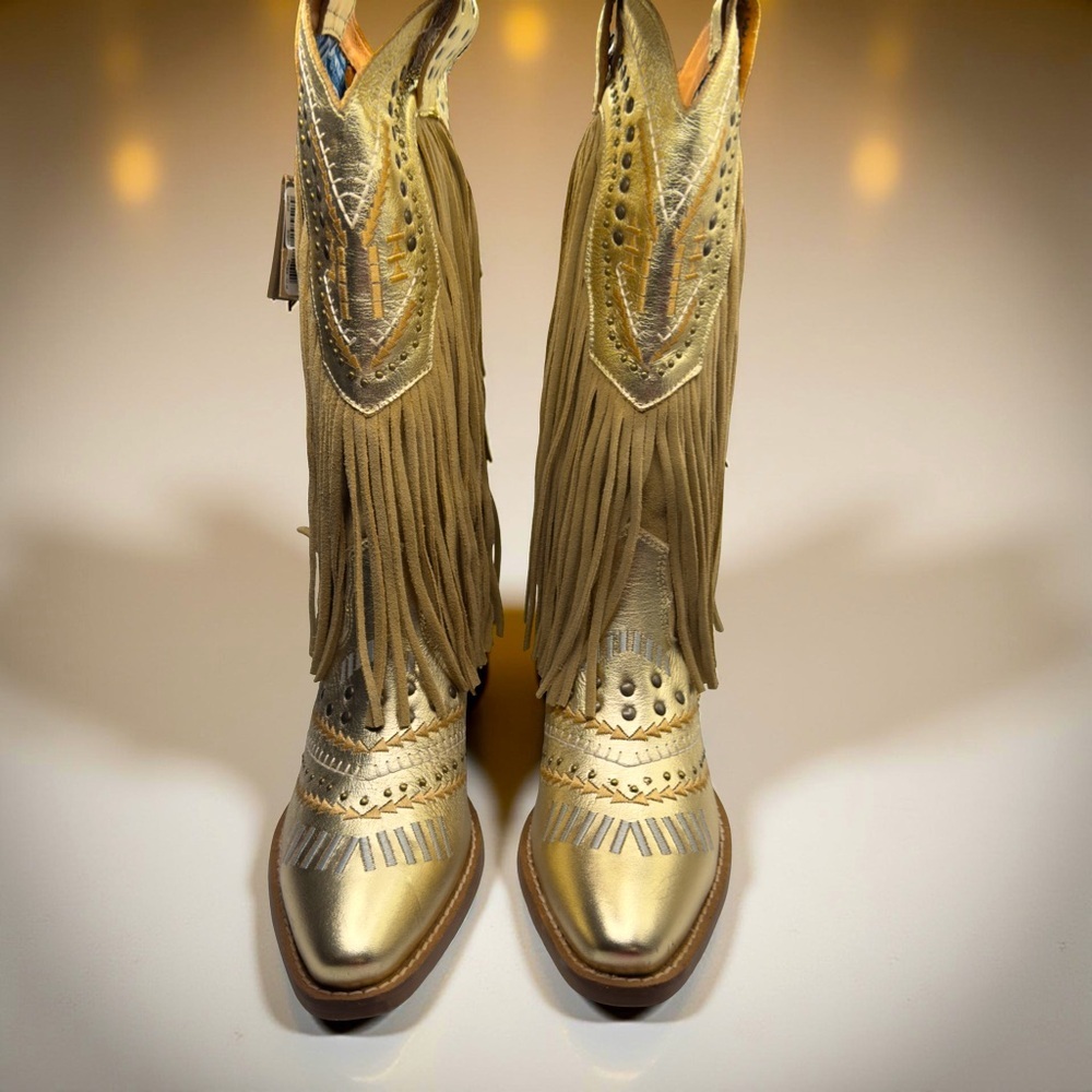 Dingo Gypsy Metallic Gold Fringe Studded Western Cowboy Boots Size 7.5 - Picture 7 of 12